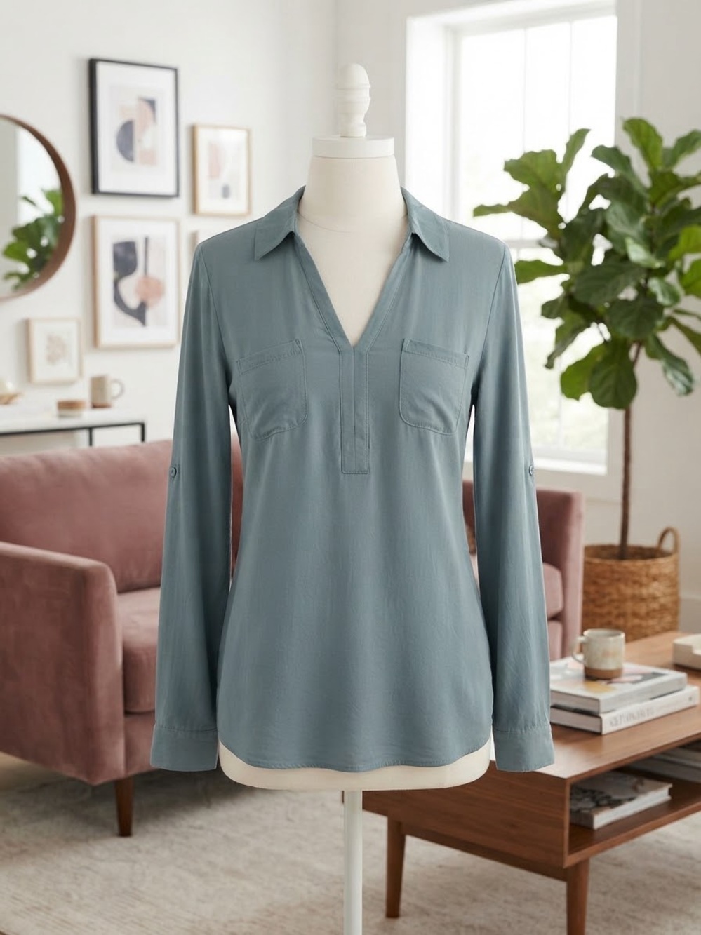 LOFT Dusty Blue Collared V-Neck Long Sleeve Blouse